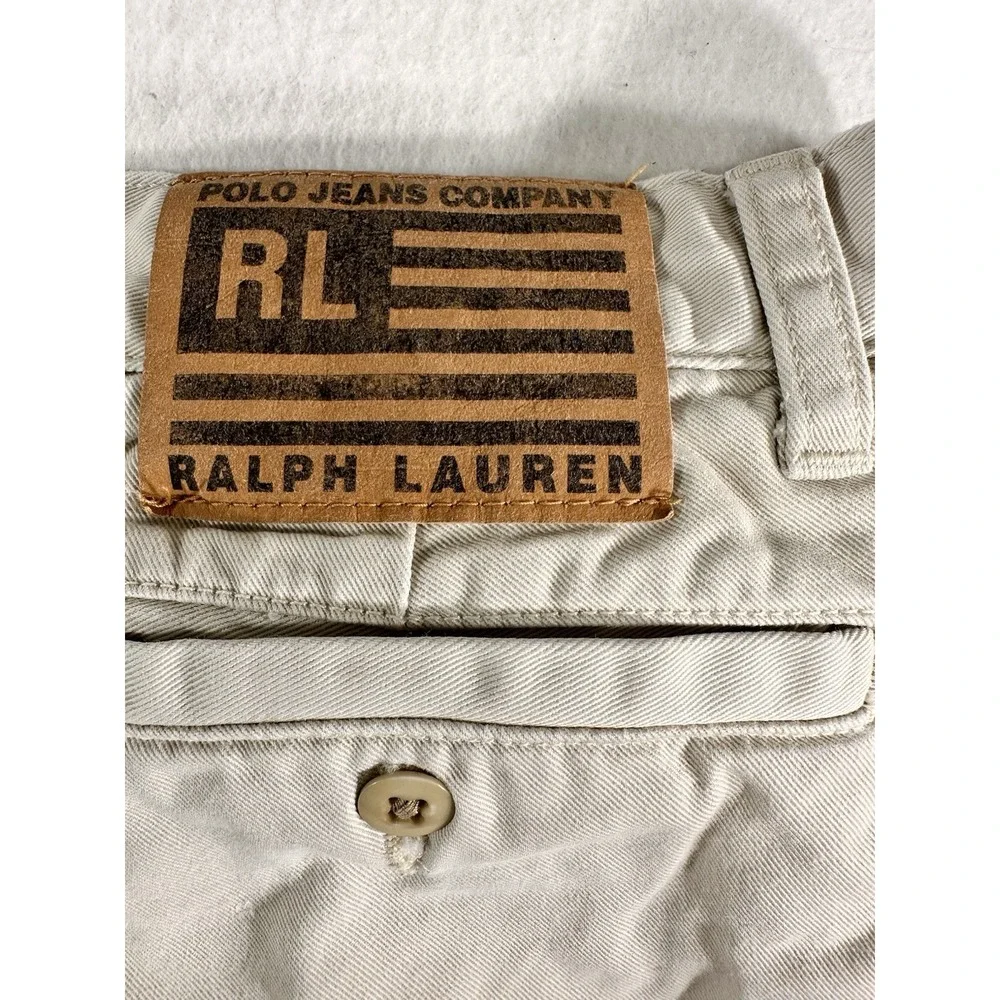Ralph Lauren Boys Cargo Pants Beige Solid 100% Cotton Button Casual Wash